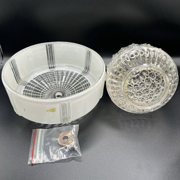VTG Art Deco Glass Ceiling Light Shades White Flush Mount & Clear Hobnail Dome - Picture 2 of 13